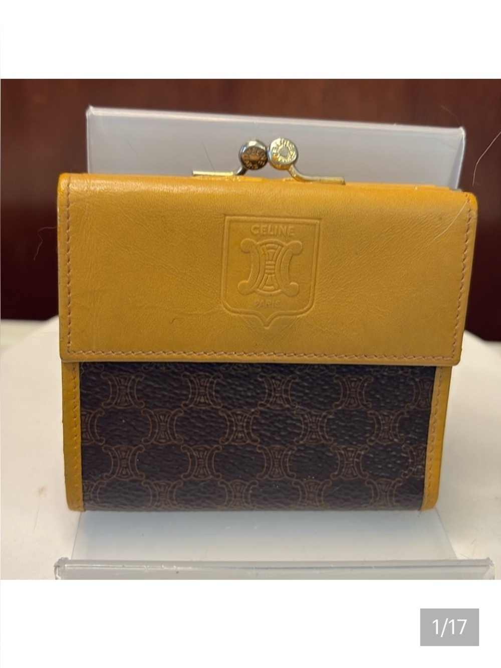 Celine  wallet  compact  Kisslock Macadam coated canvas/leather  brown & tan